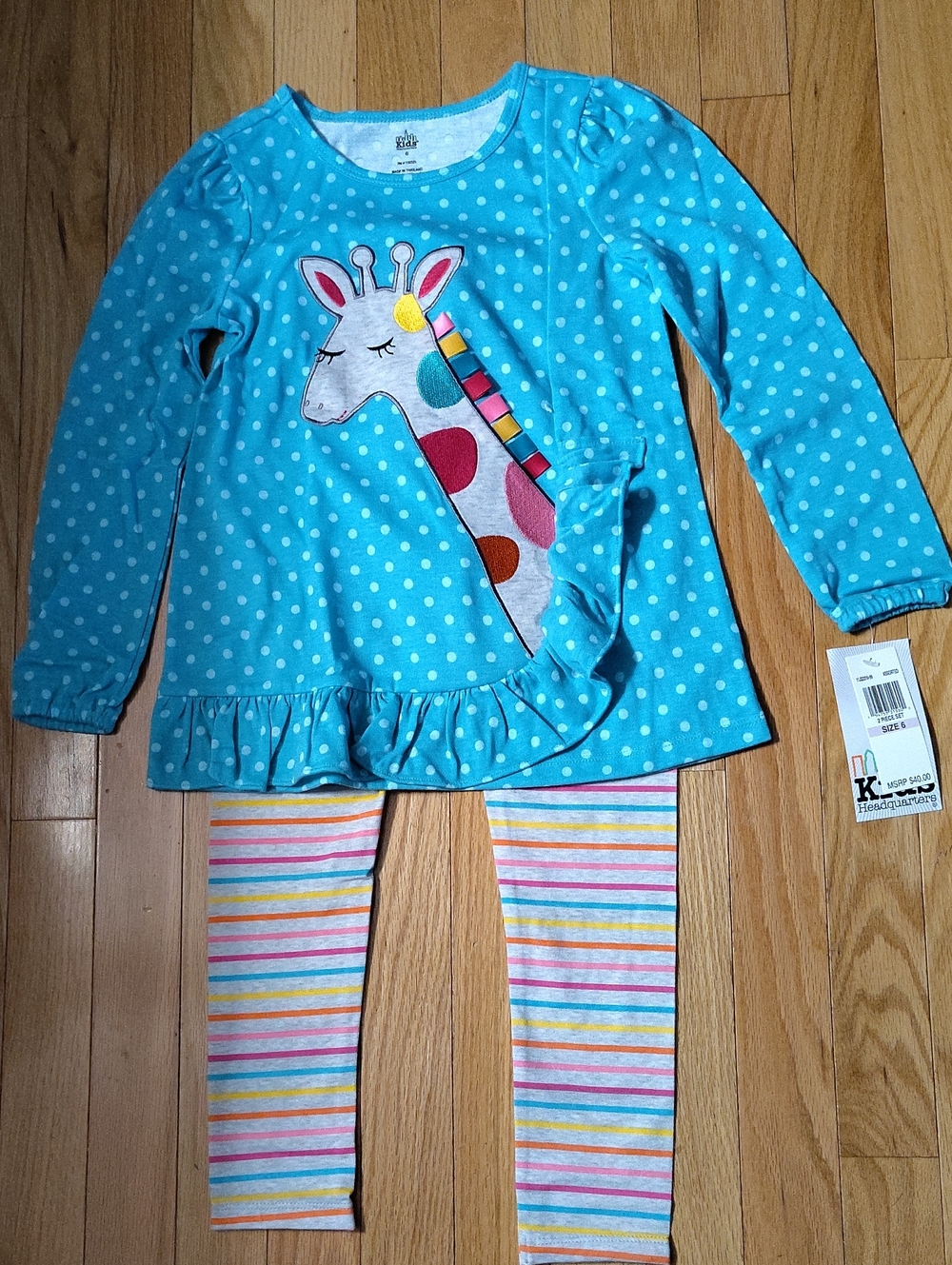 Girls Turquoise Polka Dot Giraffe Matching Set with Multicolor Striped Leggings